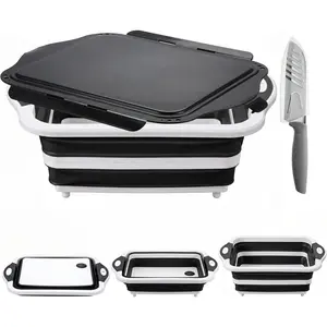 Collapsible BBQ Prep Tub with Lid, Foldable Camping Sink with Colander, Cutting Board, Dish for, Bowl, Vegetable and Fruit, Basket for-Black