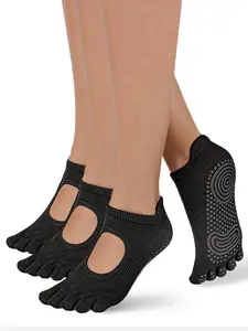 3 Pairs Women's Non-Slip Five Toe Pilates Socks, Breathable Hollow-out Yoga Socks with Silicone Grips for Barre & Fitness, Aesthetic Workout Gear