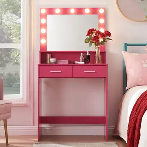 Lighted Makeup Hollywood-Style Desk 11 Bulbs Mirror & Lights 2 Level Storage Dresser 3 Lighting Modes Adjustable Brightness for Bedroom Power Outlet