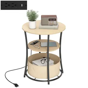 HOMCOM Round Side Table with Charging Station, 3-Tier End Table with Fabric Storage Bag, Shelf and Steel Frame for Living Room
