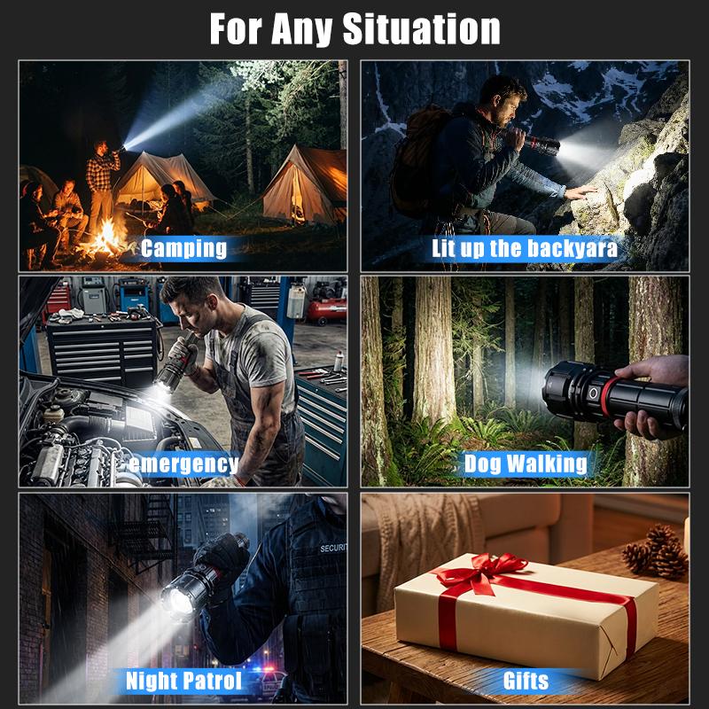 SKYFIRE 3624 lumens, 16000mAh large capacity rechargeable high-brightness 1209 ultra flashlight with shoulder straps, waterproof LED tactical flashlight, suitable for camping, outdoor activities and emergency situations.