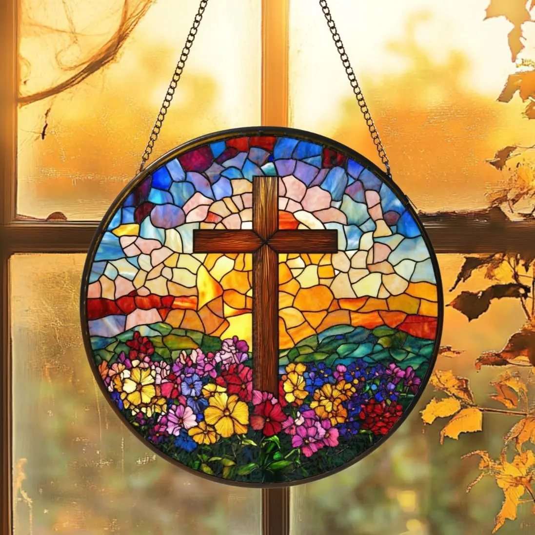 Stained Glass Cross Wildflowers Suncatcher, Christmas Trees Stained Glass, Christian Glass Window Hanging, Religious Faith Gift