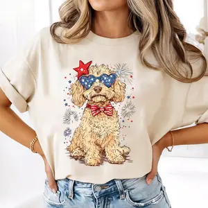Comfort Colors Goldendoodle Patriotic T-Shirt, Fourth Of July Dog Shirt, USA Dog Shirt, Dog Wearing Stars And Stripes Bow Tee, Independence Day Gift
