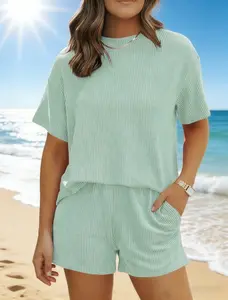 2026 Women's Cozy Ribbed Pajama Set with Pockets - Women's Short Sleeve Lounge Shorts Outfit Perfect Mother's Day Gift Idea