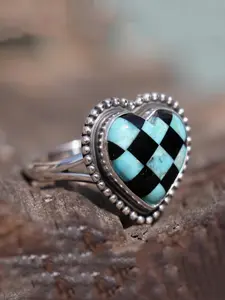 Unique Synthetic Checkered Heart Ring for Women Retro Boho Silvery Ring Party Jewelry Valentine's Day Anniversary Christmas Gift Heart Shaped Ring