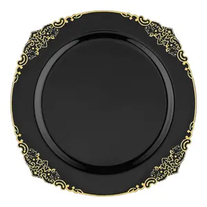 Black with Gold Fancy Round Disposable Plastic Dinner Plates (10.25”)
