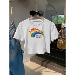 Womens Cotton Crop Top Graphic Tee Rainbow Love Is Love Pride Month Short Sleeve Summer Streetwear Festival Outfit Casual Daily Wear Soft Breathable Crewneck