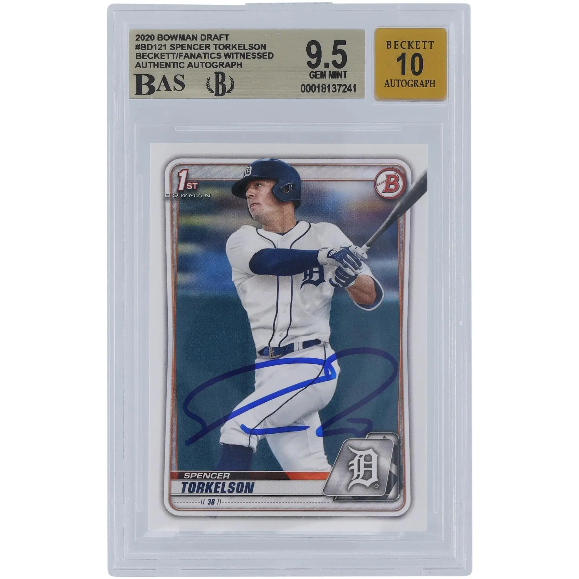 Spencer Torkelson Detroit Tigers Autographed 2020 Bowman Draft #BD-121 Beckett Fanatics Witnessed Authenticated 9.5/10 Card - Fanatics Authentic Certified