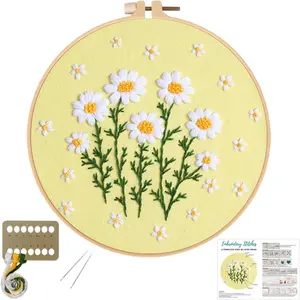 Kit de bordado de flores de margarita para principiantes, kit de punto de cruz para adultos, punto de cruz DIY con patrón floral, incluye aro, hilos e instrucciones