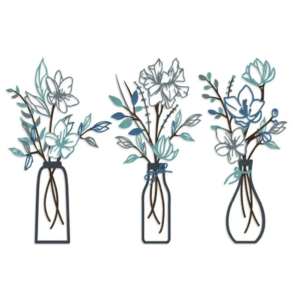 3 Packs Rustic Farmhouse Minimalist Metal Flower Wall Decor - Car Interior Room Decor, Living Room Home Housewarming Gifts (Blue)