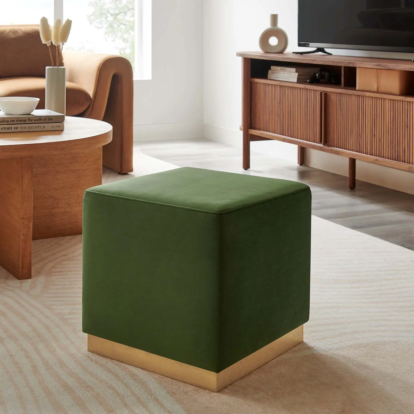 Modway Tilden Modern 17" Square Performance Velvet Upholstered Ottoman Footstool with Clean Design, Dense Foam Padding, Non-Marking Glides, Moss Green, Minimal Interior