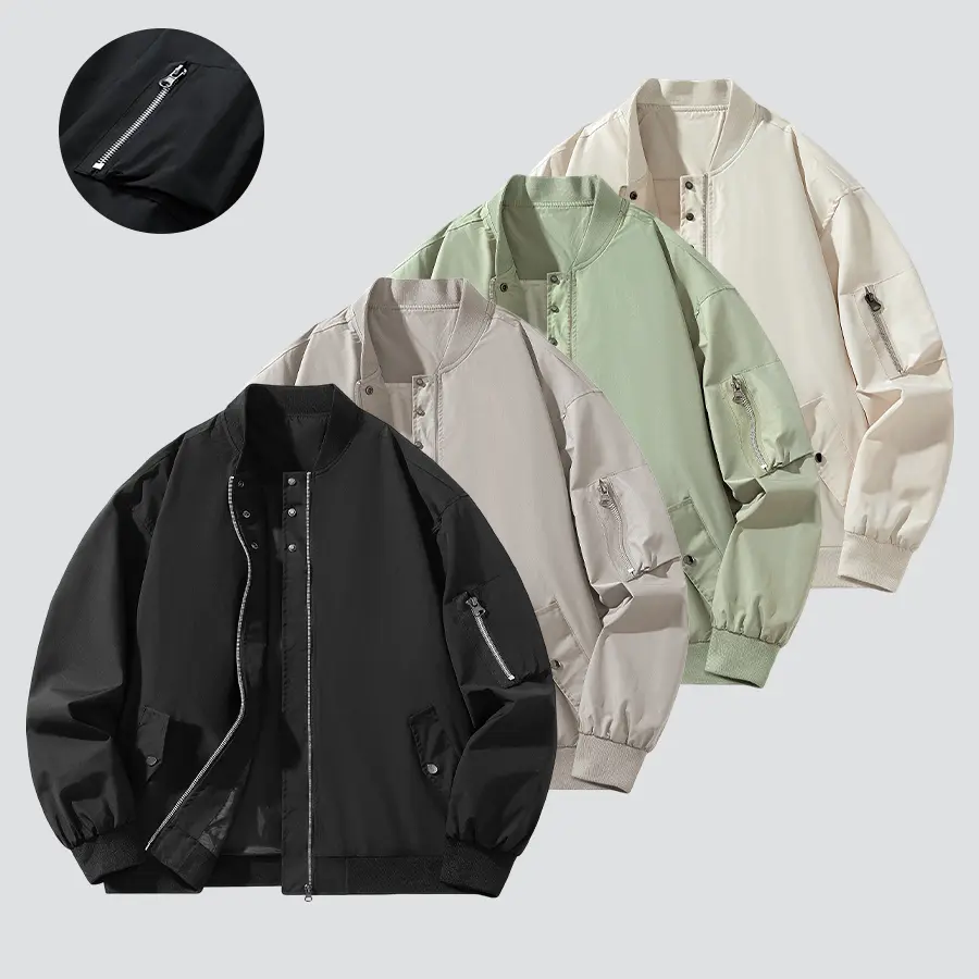 American vintage baseball-collar flight jacket, a classic basic piece that suits various styling options. Lightweight fabric with slight water resistance and wind protection. Zippered arm pockets + slant inset pockets for convenient storage. Ribbed hem pr