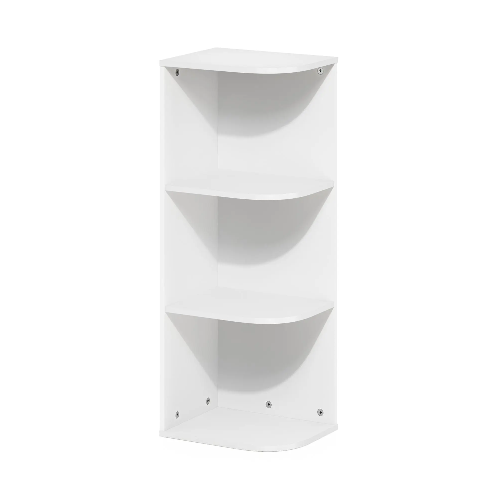 Modern Corner Bookshelf - White 3-Tier CARB-Compliant Composite Wood Wall Corner Bookshelf, Compact Base, Durable Open Decor Furniture, 9.3x12x31.5in Easy-Setup DIY Unit, Rental Room Upgrade 3-Level Living Room Furniture (Includes Screws) for Book Nook