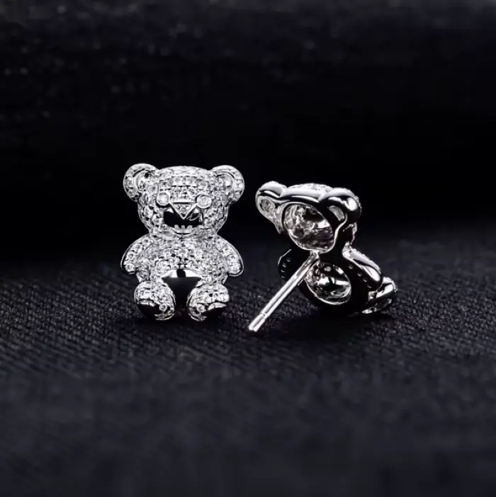 Genuine 925 Sterling Silver Full Moissanite Iced Out Papa Bear Stud Earrings
