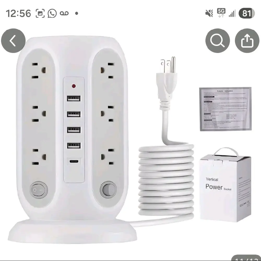 Tower Extension Lead With USB Slots 74.8inch And 15W USB C Fast Charger, (10A 2500W) 12 AC Outlets And 5 USB (1 USB C) Extension Tower, Surge Protection Extension Lead With Switch, Extension Cable For Home, Office
