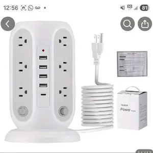 Tower Extension Lead With USB Slots 74.8inch And 15W USB C Fast Charger, (10A 2500W) 12 AC Outlets And 5 USB (1 USB C) Extension Tower, Surge Protection Extension Lead With Switch, Extension Cable For Home, Office