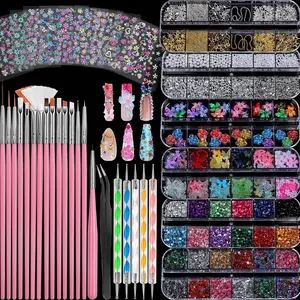 Nail Charms and Nail Brushes, Nail Accessories Kit with 15 Pcs Nail Art Brushes, 6 Box Nail Charms and Gems, 10 Pcs Flower Nail Stickers, 5 Pcs Dotting Tools, Nail Art Kit with Nail Brush