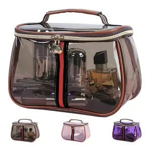 New Retro Vintage Vanity Bag, Vintage Makeup Bag, Ladies Large Capacity Makeup Organizer, Waterproof Transparent with Zipper Toiletry Bag, Women Ladies Travel Storage Case (Transparent brown)