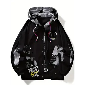 Men's Loose-Fit Graffiti Graphic Print Hooded Jacket - Menswear, Polyester, Longsleeves, Casual Zip-Up, Multiple Pockets Outdoor Activities and Urban Everyday Wear