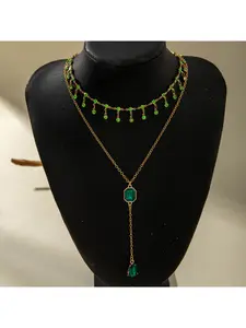 Elegant Emerald Gemstone Necklace, Vintage Rhinestone Fringe Layered Y-Shape Pendant, High-Quality Jewelry for Women