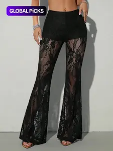 Women's Tight-Fitting Lace Floral Sexy Bell Bottom Leg Pants, Stylish and Comfortable Elastic High Waist Design, Perfect for Casual and Party Wear Womenswear Lady