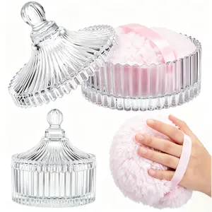 2 Pcs Extra Large Dusting Powder Puff and Container for Women-6'' Glass Crystal Dusting Powder Container with Body Soft Washable Reusable Velour Face(Clear,Classic)