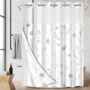 1pc hookless shower curtain with buckle lining, spring blue and pink Flower floral design, 2D flat printing, fabric waterproof lining, see-through double-layer shower curtain, 71 x 74 inches, modern home draping curtain.