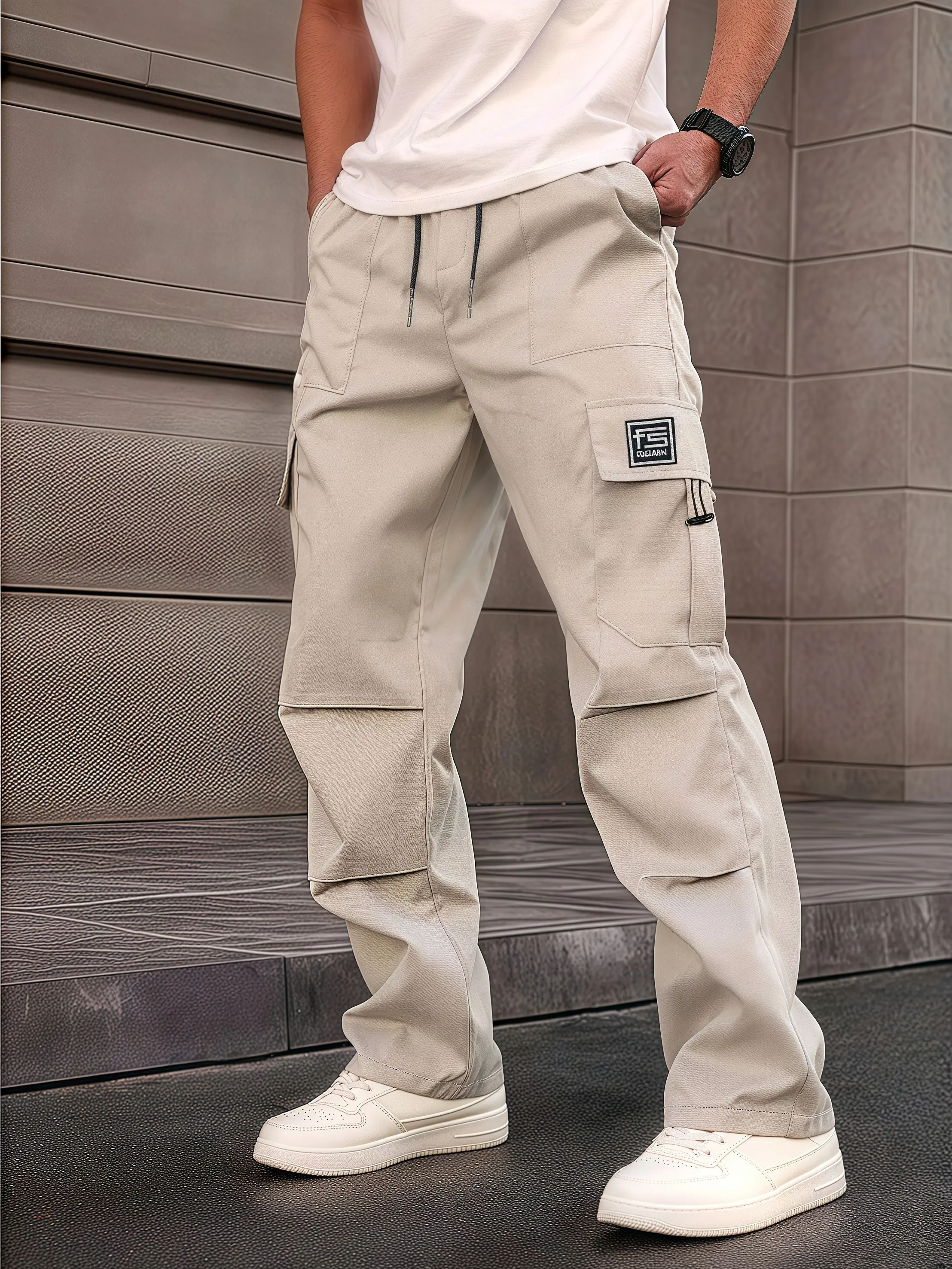 Men’s casual cargo pants with elastic drawstring waist, straight leg, multiple pockets, stretch fabric, lightweight—suitable for work and everyday wear, commuting, and walking.