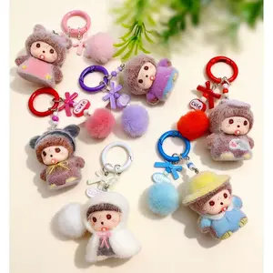 Cute Flocked Monchichi Flocked Doll DIY Decor, Kawaii Keychain Bag Charm Pendant