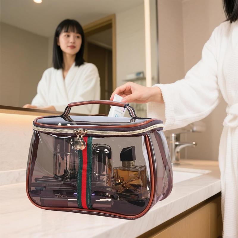 Vintage Waterproof Clear Cosmetic Bag - Wide Handheld Large Capacity Travel Toiletry Organizer for Women
