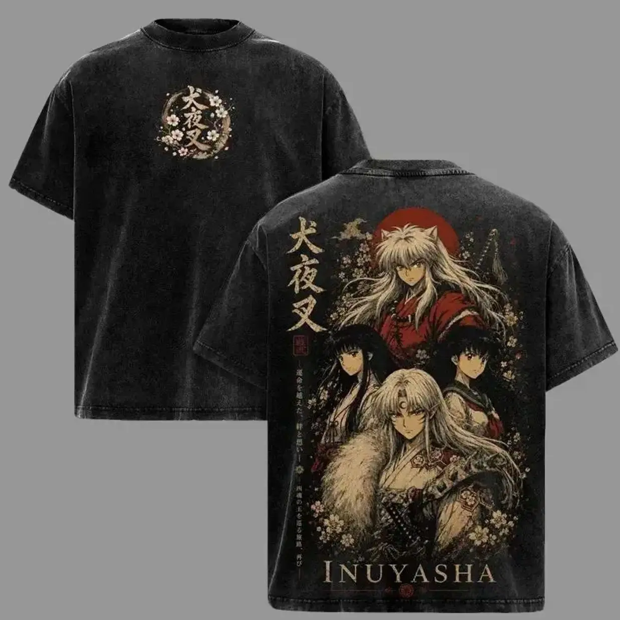 Men's Short-Sleeve Oversized Heavy Cotton Washed Inuyasha Sesshomaru Kagome Graphic T-Shirt, Vintage Anime Manga Streetwear Top, Tshirt Gift for Anime Fans RH3