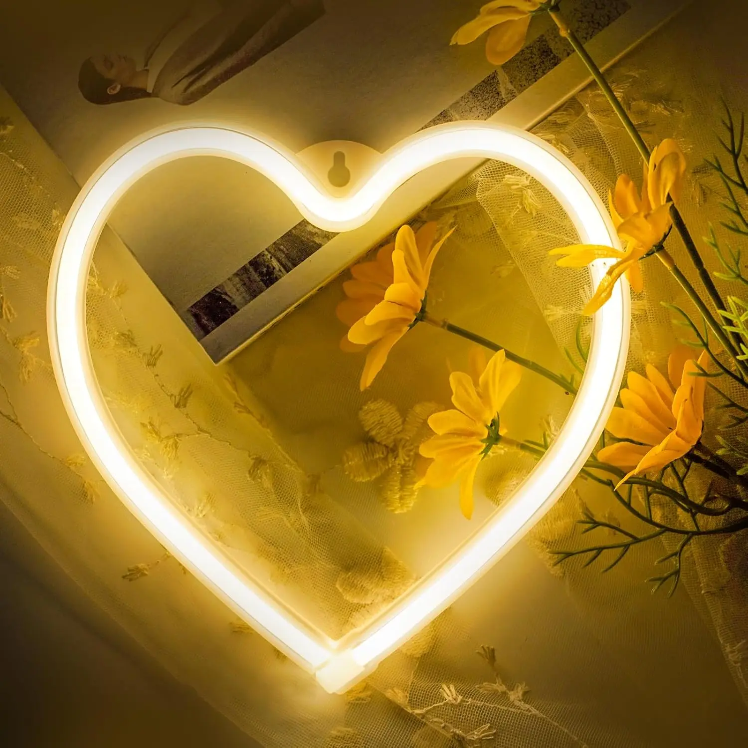 1-Pack Heart Neon Sign, Neon Heart Lights  Operated or USB  Decoration Lamp, LED Wall Decoration Light for Classroom Bedroom Girl's Room Party Birthday Home Wedding Decor (Warm White)