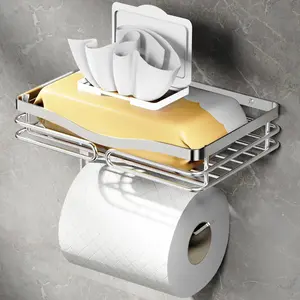 Paper Holder with Shelf, or Drilling Paper Roll Holder for, Rustproof Tissue Roll Holder Wall Mounted for Wipe (Silver)