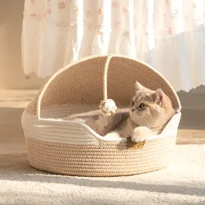 Cat Basket Bed with Cushion, Cute Pet Bed for Indoor Cats Couch, Kitten Bed for Medium and Large Cat, All Season Universal