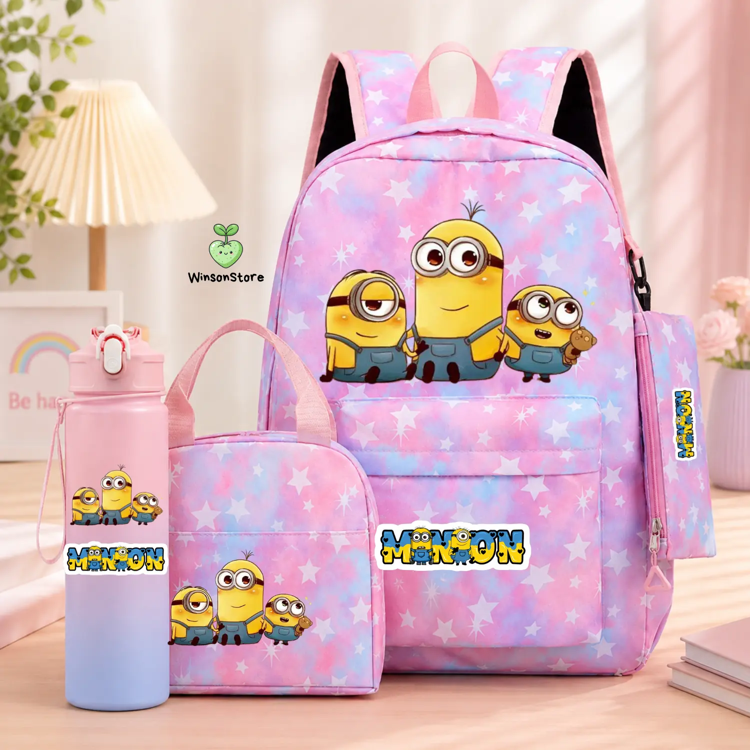 4PCS Minions Backpack Set for Girls, Kids School Bag with Lunch Bag, Pencil Case & Water Bottle, Pink Star Student Bookbag