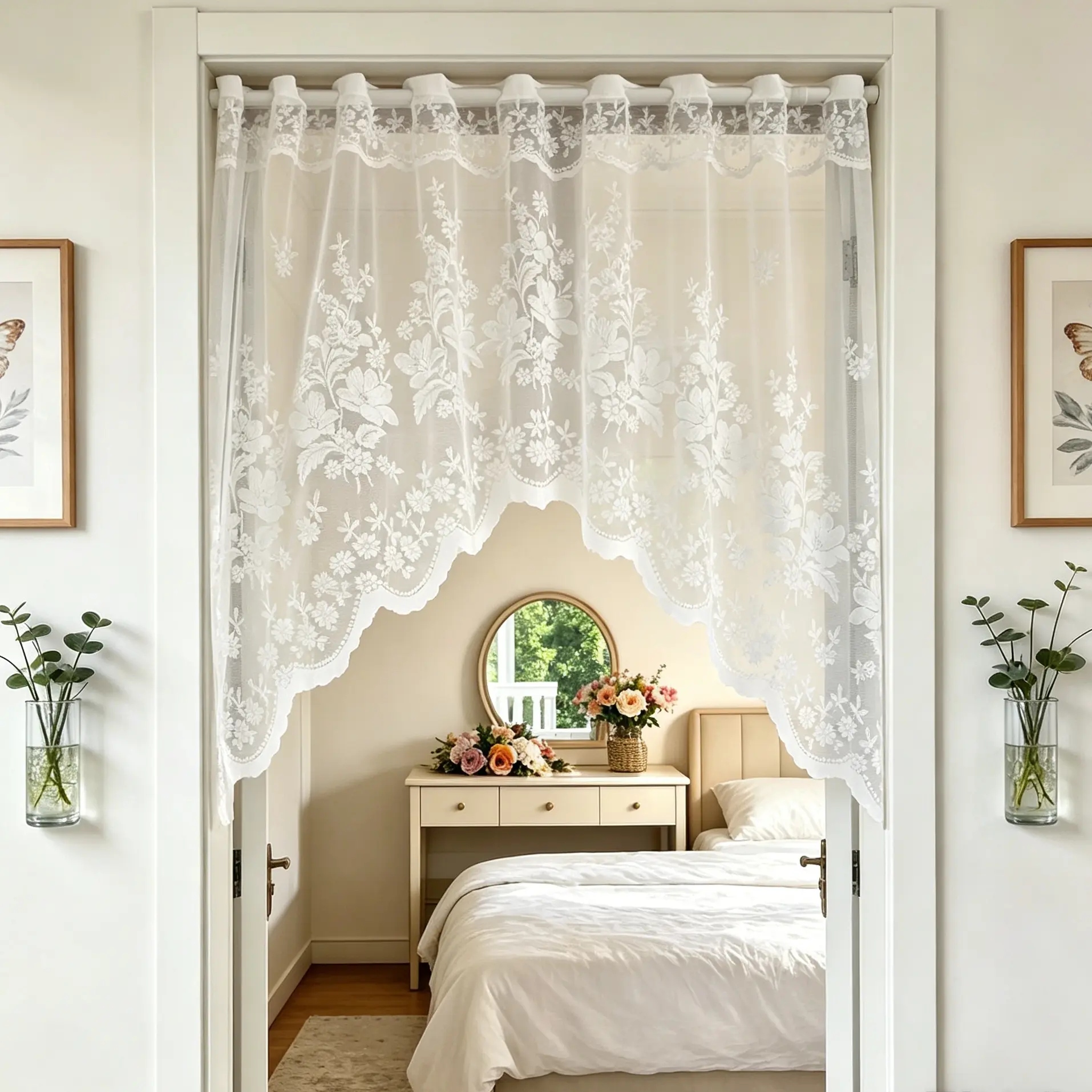 White Floral Embroidered Door Curtain Lace Sheer Curtain Swag Valance for Kitchen Dining Windows, Rod Pocket Top 1 Panel