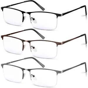 3 Pack Blue Light Blocking Reading Glasses for Men, Stylish Half Frame Metal Computer Readers, Lightweight Spring Hinge Eyeglasses Anti Eyestrain/Glare/UV