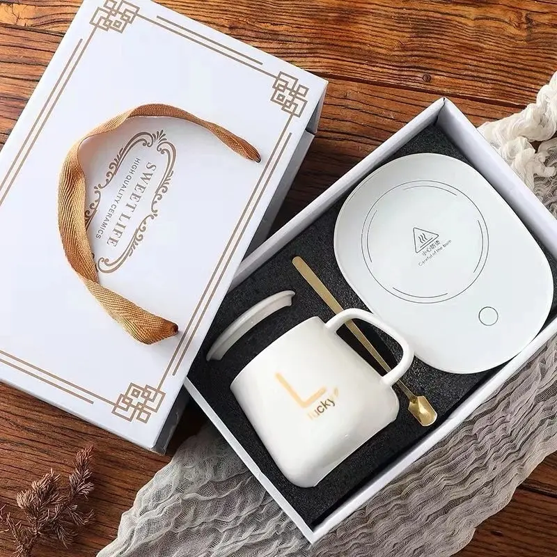 Cute Temperature control Smart Mug and mug warmer holiday gift suite - constant temperature, heated office and etc.. use Birthday gift, thanksgiving, Christmas. Ceramic Coffee