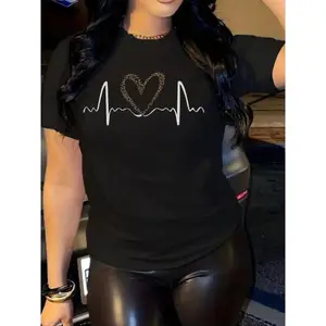 Women's Heart & Heartbeat Print Round Neck Tee, Casual Short Sleeve T-Shirt for Summer, Ladies Clothes for Daily Wear Top Womenswear graphic t-shirts