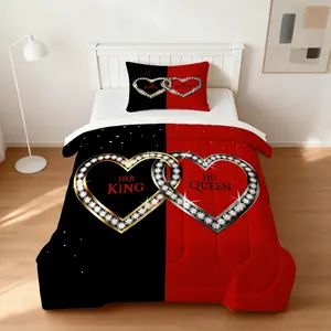 2/3Pcs Her King His Queen Couple Heart Printed Comforter Set, Exclusive Romantic Valentine's Day Gift For Couples, Luxury Ambience Bedding for The Bedroom, With Filler and no Pillowcase Included