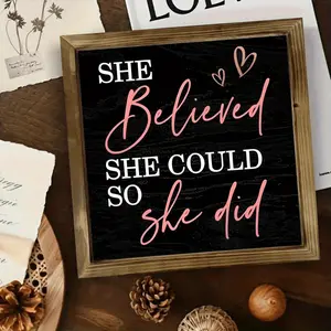 2D 1pc She Believed She Could So She Did 8X8 Artificial Wood Sign- Pink& Black Motivational Quote With Hearts, Horizontal Inspirational Wall Art Home& Office Decor, Religious Family& Friends