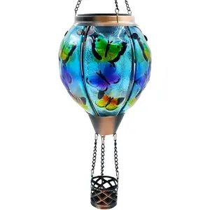 Glass Solar Hot Air Balloon Lantern with Flame  Garden Flickering Light Outdoor  for Yard Patio Tree Mother's Day , Butterfly