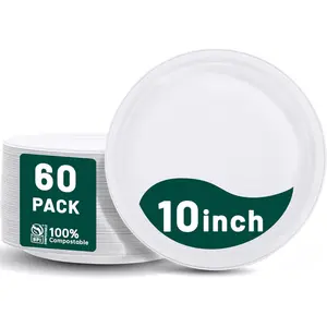 Compostable Paper Plates 10 Inch, 60-Pack Heavy Duty Paper Plates Bulk,Biodegradable Bagasse,Disposable Dinner Plate for BBQ,Picnic,Party (BPI Certified,Microwaveable)