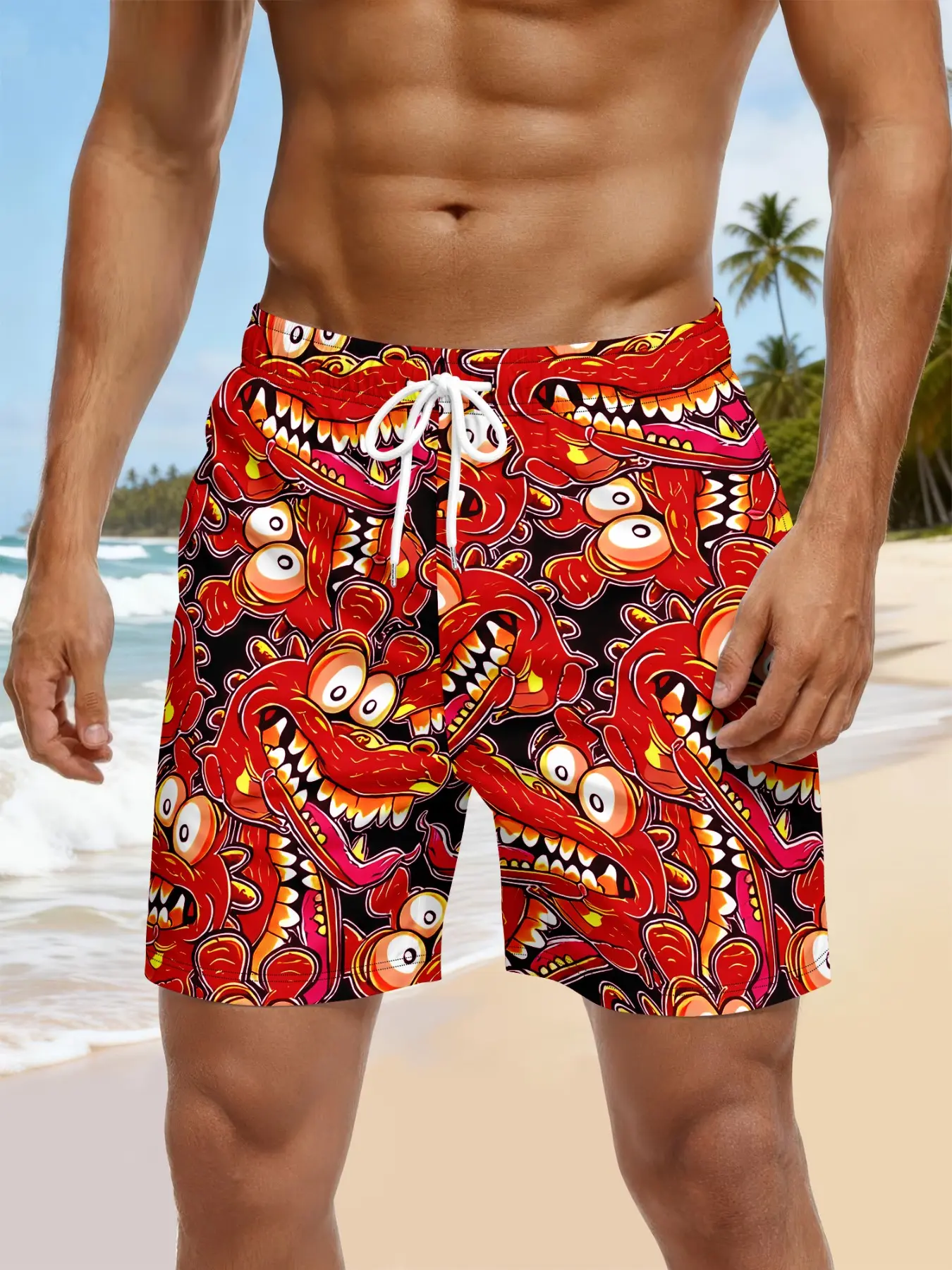 Men's Blue Cartoon Crocodile Print Beach Shorts, Graffiti Style, Quick-Dry Fabric, Loose-Fit, All Seasons, Casual Wear, Two Colors Available