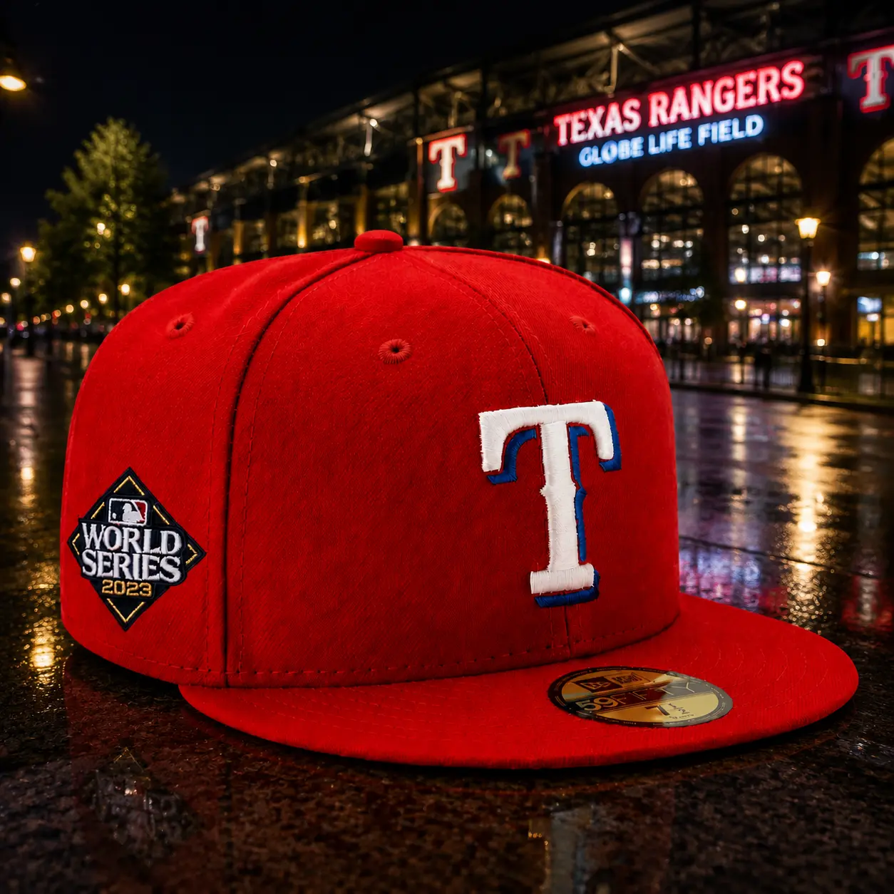 Texas Rangers Inspired Red 59FIFTY Fitted Hat Baseball Cap Flat Bill Embroidered Sports Collection