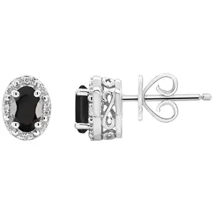 Affinity Gems Oval Onyx & Diamond Stud Earrings, Sterling