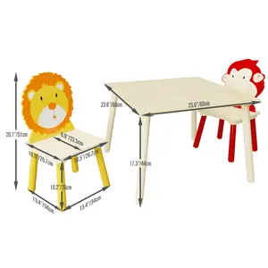 3 Piece Wooden Toddler Table and Chair Set, Animal Theme with Lion & Monkey, Kids Activity Table For Age 2-6 Boy Girl, For Playroom Nursery