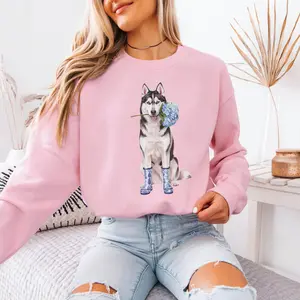 Floral Husky  T-Shirt / Sweatshirt / Hoodie, Husky Toile , Chinoiserie Husky Lover Gift, Coquette Husky Teacher Crewneck, Cute Flower Dog Mom Mothers Day Cotton Fabric