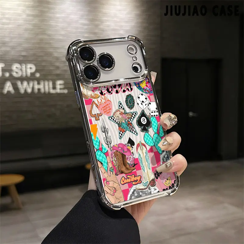 Western cowboy boots disco ball Pattern Aesthetic Electroplated TPU Casing For iphone 17 PRO MAX Air 16 Pro Max PLUS 15 14 13 12 11 Four Corners Anti-Fall Transparent Casual Soft Silicone Phone Cases