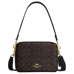Coach Carey 22 Classic Logo Double-Zip Crossbody Bag for Women, Walnut Brown and Black